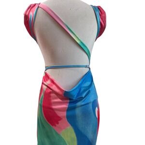Pink Blue Abstract Watercolor Open Back Bodycon Maxi Dress Womens Size M